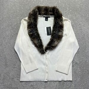 KB Collections Cardigan Sweater Womens Large White Beaded‎ Faux Fur Collar NWT